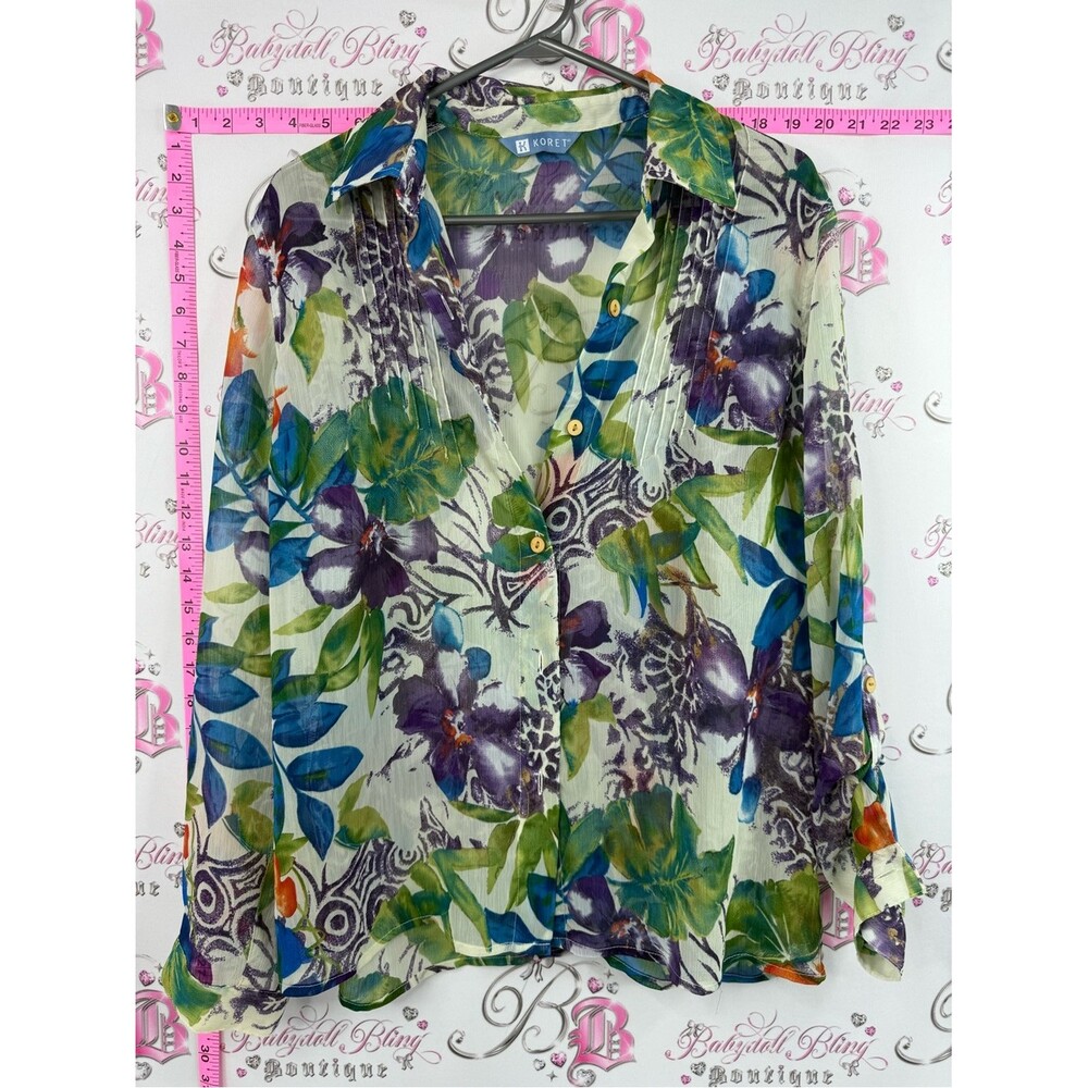 Koret button up long sleeve Sheer Floral Button-Up Blouse in Green, Blue, Purple
